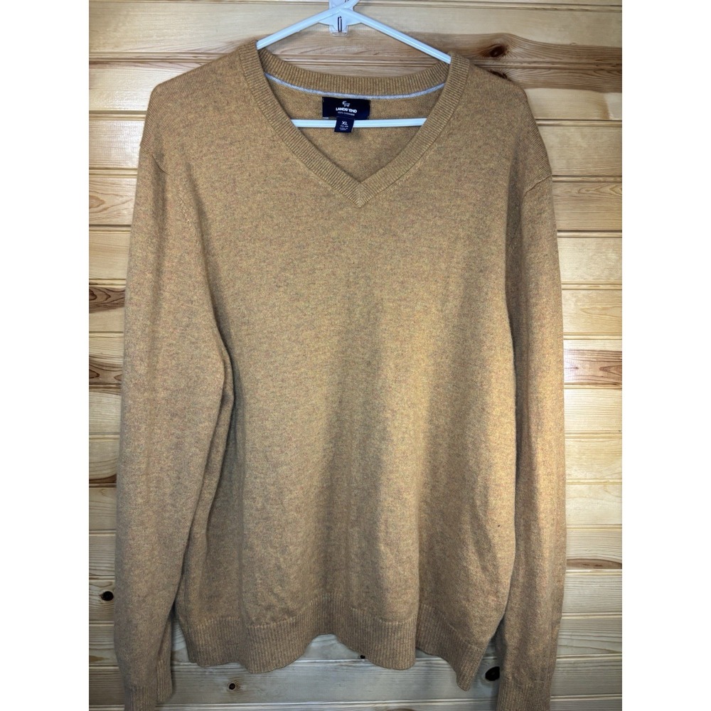 LANDS END 100% Cashmere Sweater Mens Large 42-44 Long Sleeve V-Neck Yellow Brown - Picture 2 of 6